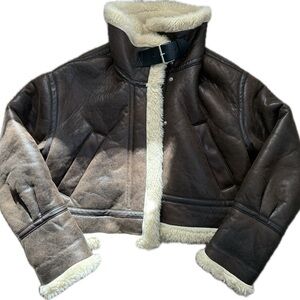 Zara Brown Shearling-Lined Leather Jacket with Cream Trim
